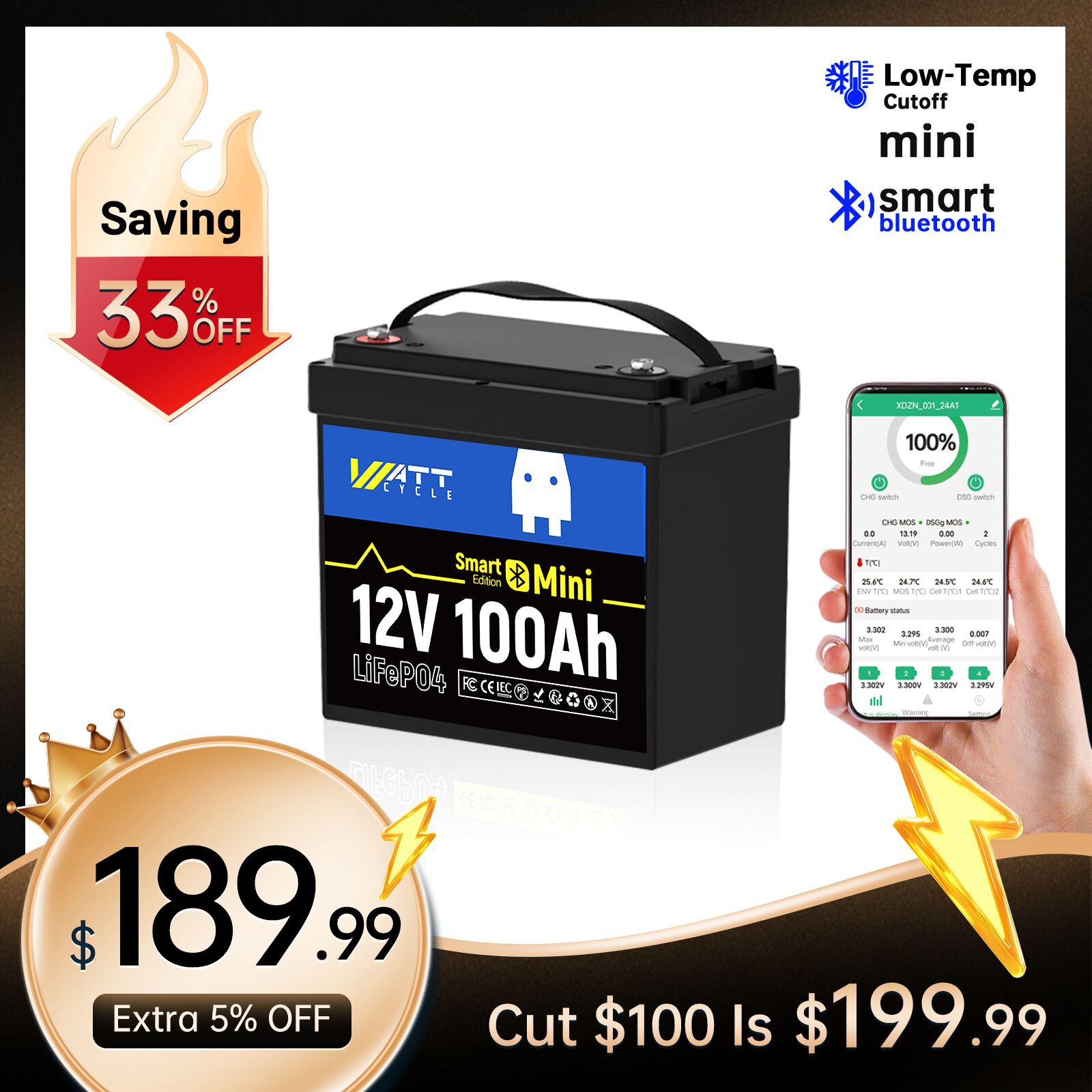 【💥Black Friday Deal】WattCycle 12V 100Ah Mini LiFePO4 Battery with Bluetooth