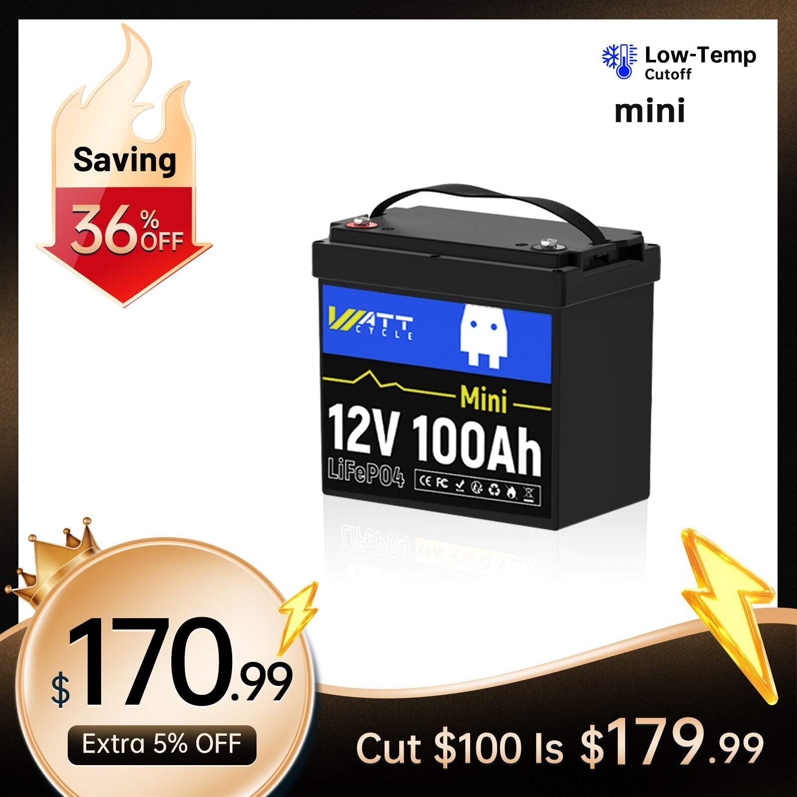 【💥Black Friday Deal】WattCycle 12V 100Ah Mini LiFePO4 Battery