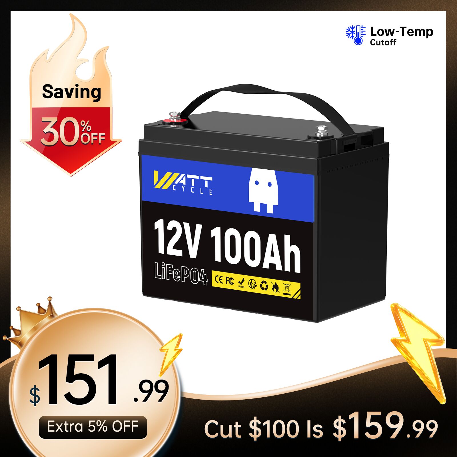 【💥Price Guarantee 30 Days: Group 24】WattCycle 12V 100Ah LiFePO4 Battery (Group 24 / Group 31)