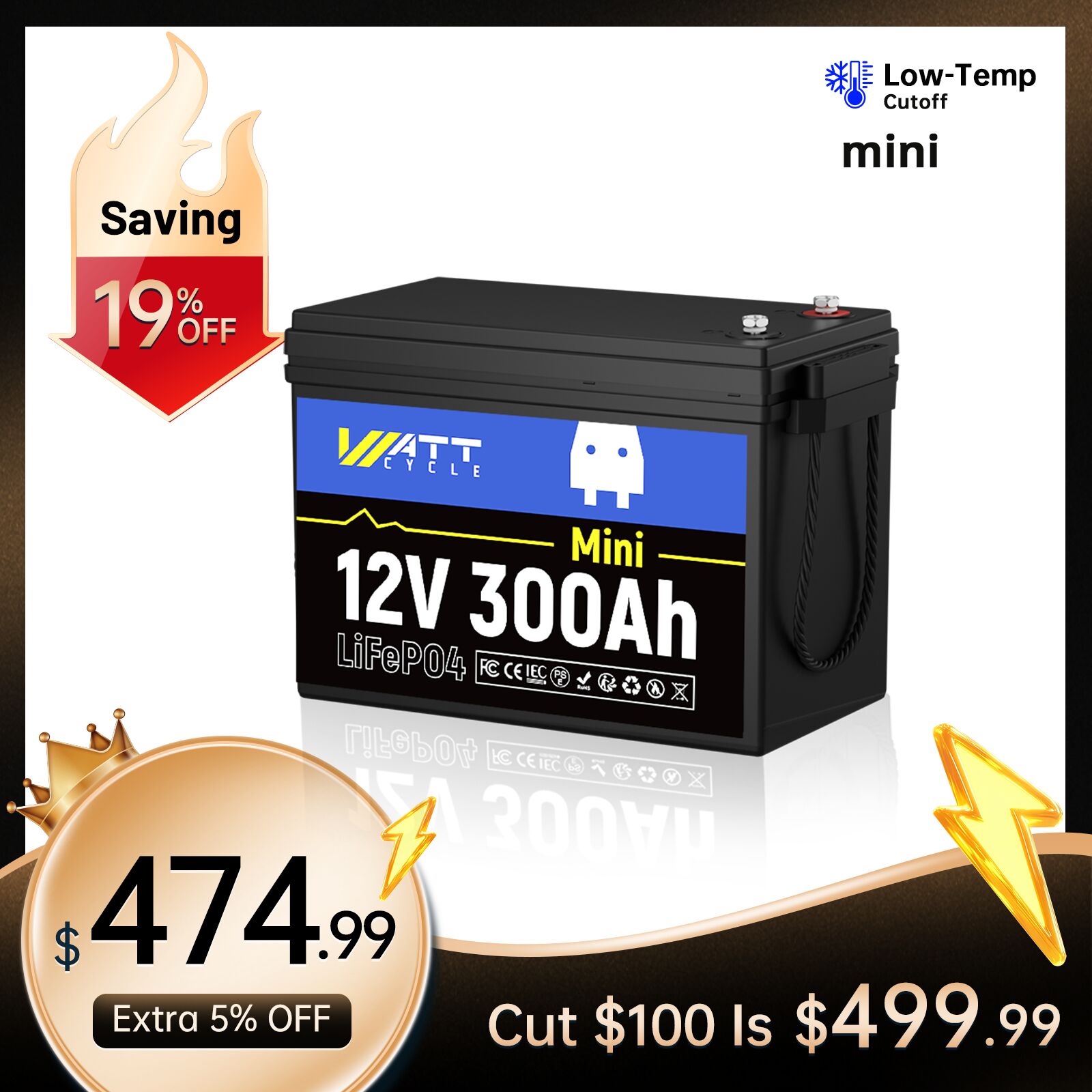 【💥Black Friday Pre-Sale/Price Guarantee】WattCycle 12V 300Ah Mini LiFePO4 Battery