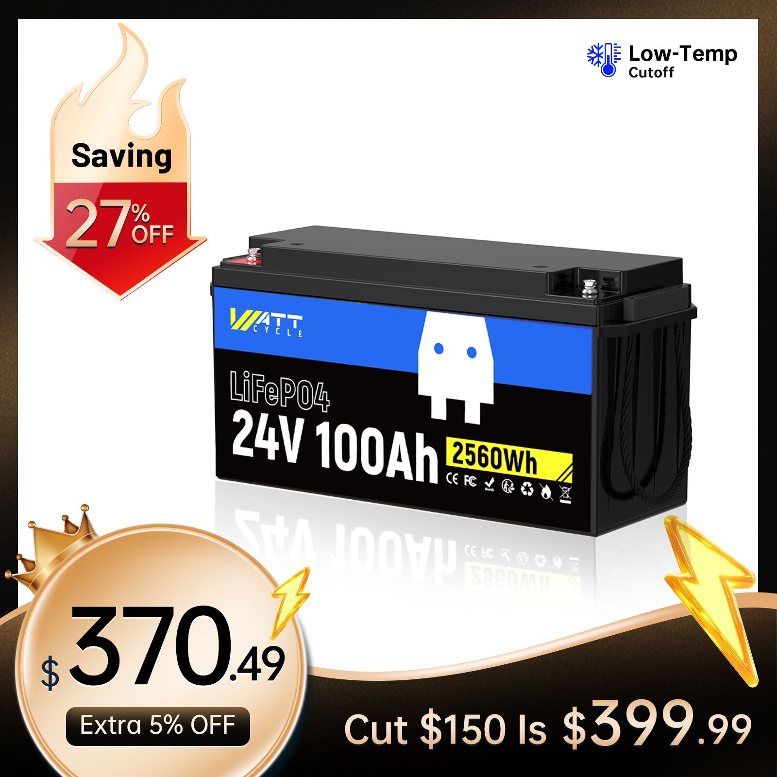 【💥Black Friday Deal】WattCycle 24V 100Ah LiFePO4 Battery